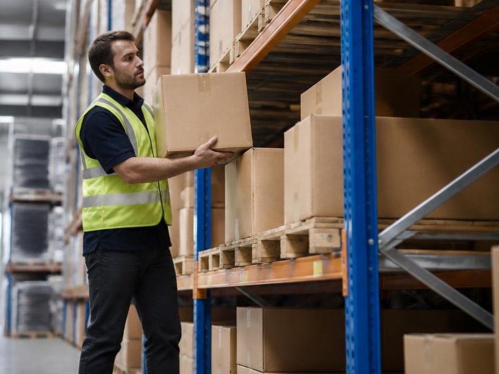 Warehouse worker in a high-vis vest lifting a carton onto pallet racking