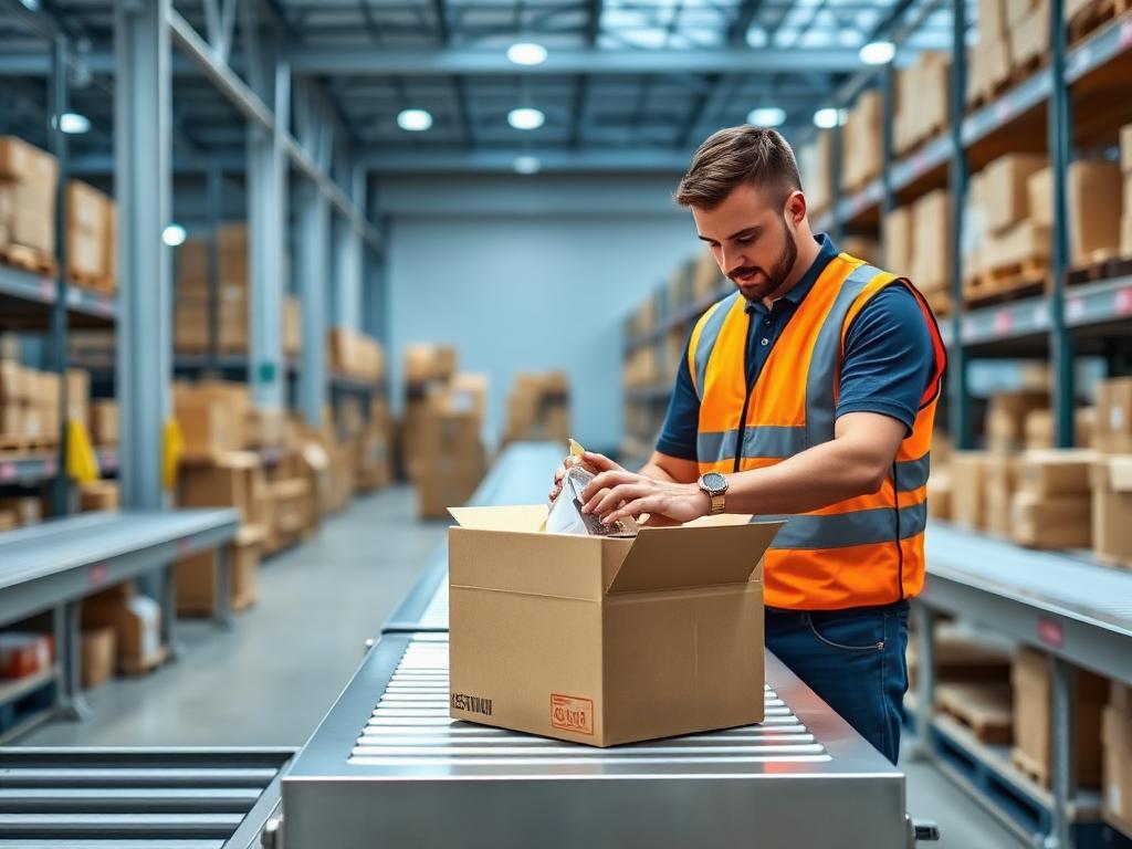 Worker packing parcels into a carton at a pick and pack station
