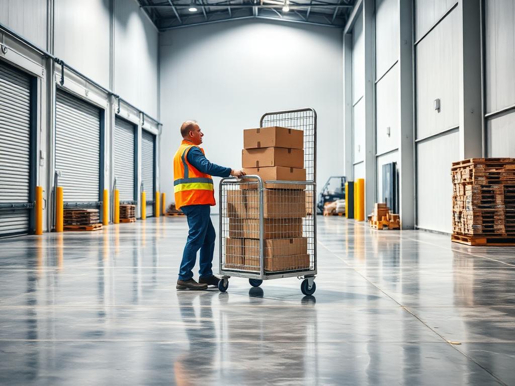 Worker pushing a loaded roll cage trolley across a warehouse dock