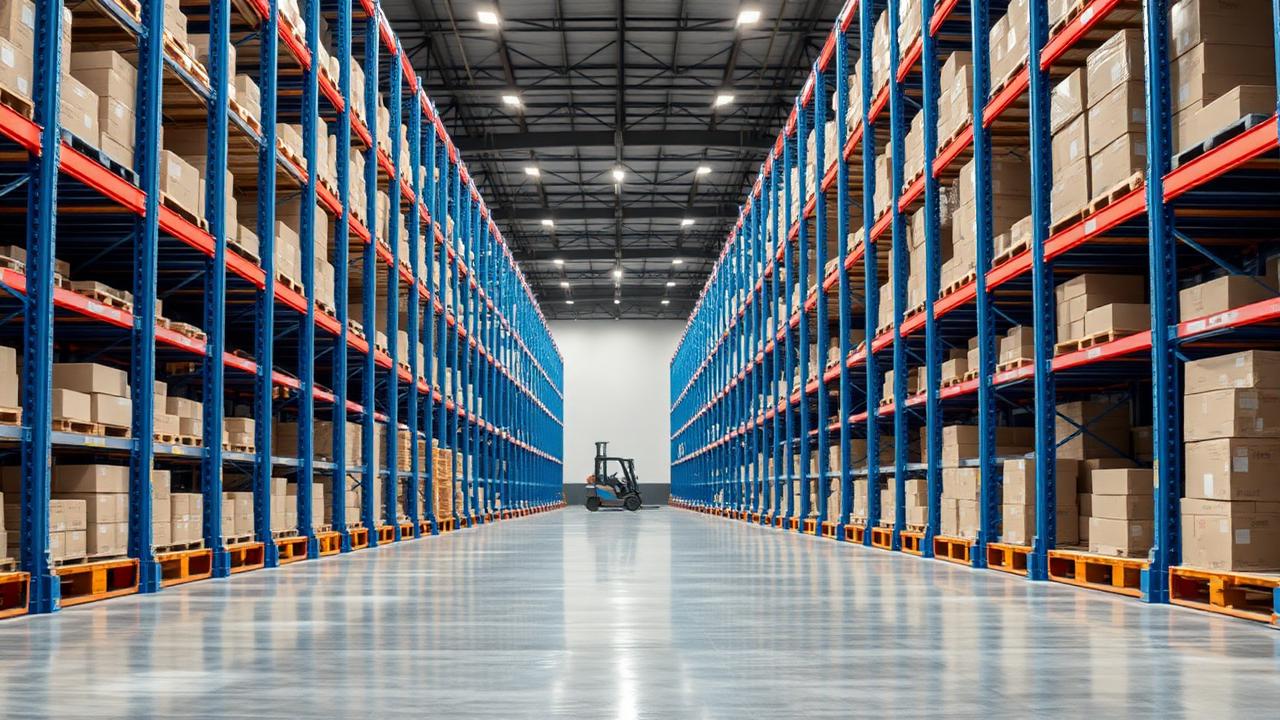 Long distribution centre aisle with tall pallet racking and a forklift in the distance